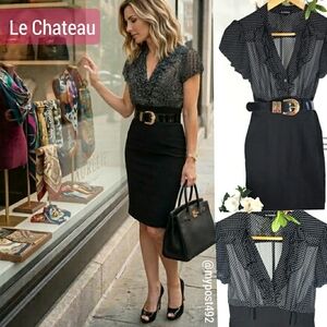 90's-Y2K Le Chateau💋Polka dot Ruffle Chiffon Stretchy Bodycon Dress